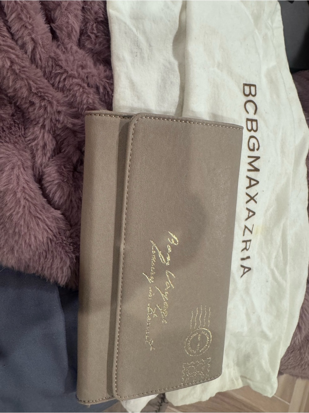 BCBGMaxAzria Taupe Accordion Wallet with Gold Accents. This is a travel wallet